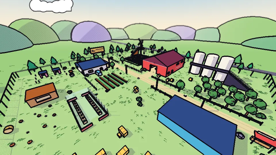The Farm map from above: a red barn, a windmill, grain silos, an orchard, vegetable beds and a farmhouse