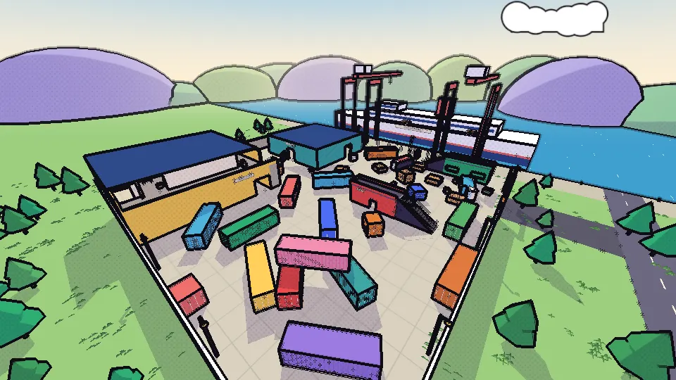The Port map from above: stacks of coloured shipping containers, a two-floor office, harbour cranes and a ferry at the quay
