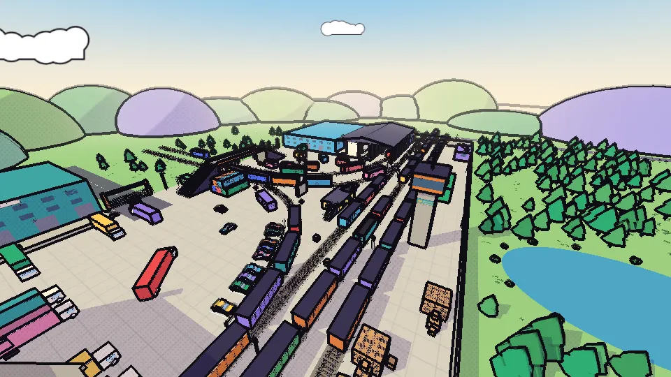 The Depot map from above: rows of trains on many tracks, a station building, a road bridge, a warehouse and a lake