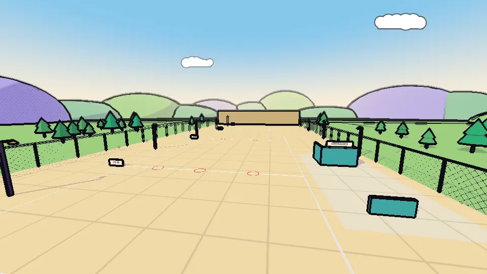 The shooting range: a long sandy lane with targets at marked distances and a table of grenades