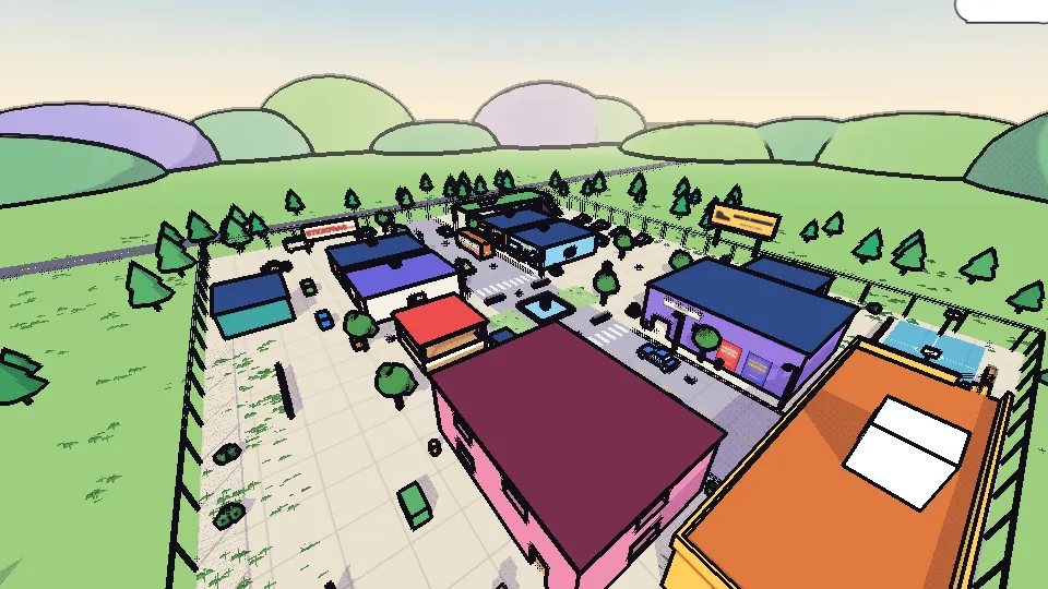 The Town map from above: shops and houses along a main street, a car park, a basketball court and flat roofs