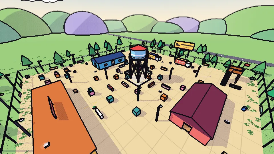 The Yard map from above: a water tower in the middle, two warehouses, an office trailer and crates on a sandy yard behind a fence
